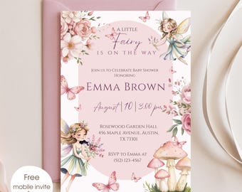 Może przedstawiać: Zaproszenie na baby shower z różowym i białym kwiatowym wzorem. Zaproszenie zawiera tekst "A Little Fairy is on the Way" oraz szczegóły baby shower Emmy Brown, w tym datę, godzinę i miejsce.