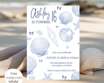 Blue Shell Birthday Invitation Coquette Sea Birthday Party Invite Seashells Birthday Invitation Beach Birthday Editable Digital Invite