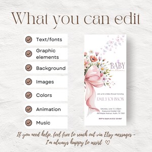 May include: A baby shower invitation with a floral design and a large pink bow. The invitation includes the text "BABY in bloom" and details for the event, including the honoree's name, date, time, and location.