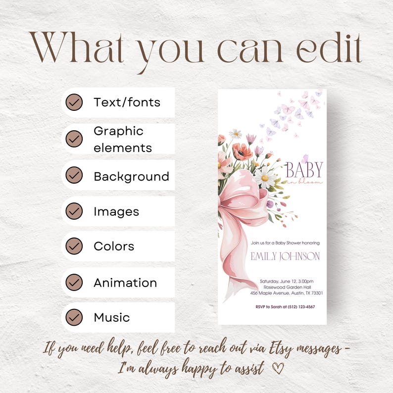 May include: A baby shower invitation with a floral design and a large pink bow. The invitation includes the text "BABY in bloom" and details for the event, including the honoree's name, date, time, and location.