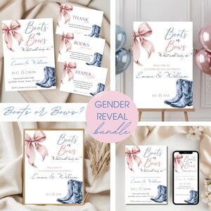 Western Boots or Bows Gender Reveal Decorations Bundle Blue or Pink Reveal Bundle Editable Welcome Board, Boots or Bows Cowboy Gender Reveal