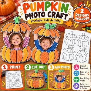 Op de afbeelding: Een printbare pompoen-fotoknutselset met twee ontwerpen. De set bevat zwart-wit omtrekken van pompoenen om in te kleuren, uit te knippen en foto's in te plaatsen. De tekst luidt PUMPKIN PHOTO CRAFT, 2 DESIGNS INCLUDED en instructies.
