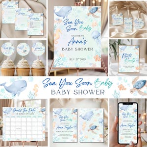May include: A selection of baby shower decorations with a sea life theme. The designs feature whales, seahorses, and turtles in blue, green, and orange hues. Items include invitations, cupcake toppers, and a sign that reads "Sea You Soon Baby."