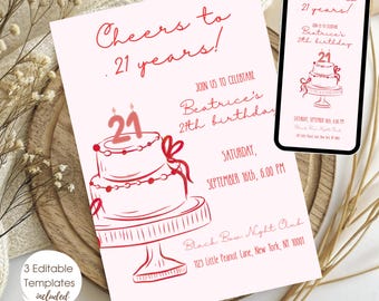 Editable Cheers to 21 Years Hand Drawn Birthday Party Invite, 21st Birthday Invitation Template, Pink and Red Coquette Birthday Invite
