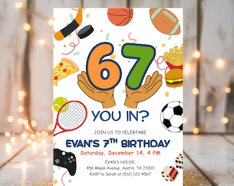 Invitación de cumpleaños editable para 6-7 años, invitación imprimible para fiesta temática de deportes con memes de moda.