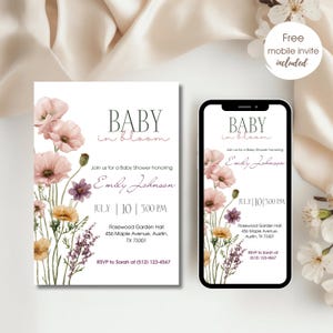 May include: Baby shower invitation featuring floral illustrations and the text "Baby in Bloom." The invitation includes details such as the honoree's name, date, time, and location. A mobile invite is also included.
