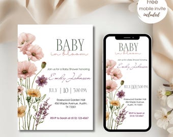 Handritad vintage blommig babyshowerinbjudan, vårbabyshowerinbjudan för flickor, handskriven digital inbjudan till baby i blom