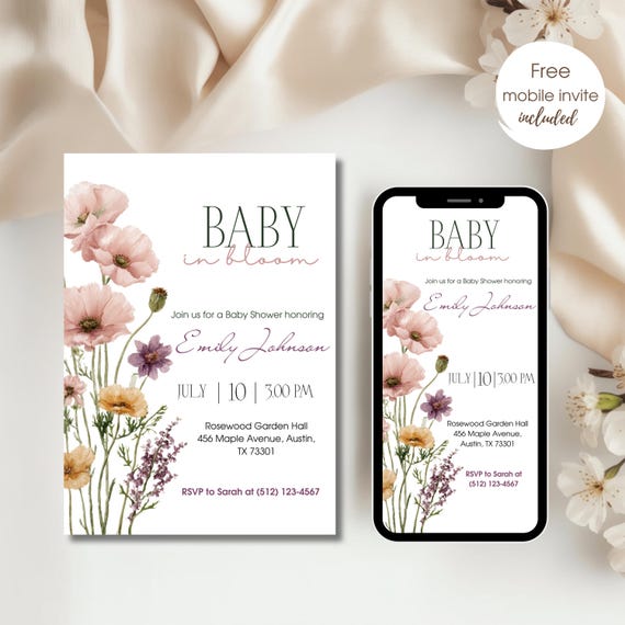 Hand Drawn Vintage Floral Baby Shower invitation, Girl Spring Baby Shower Invite, Handwritten Digital Baby in Bloom invitation