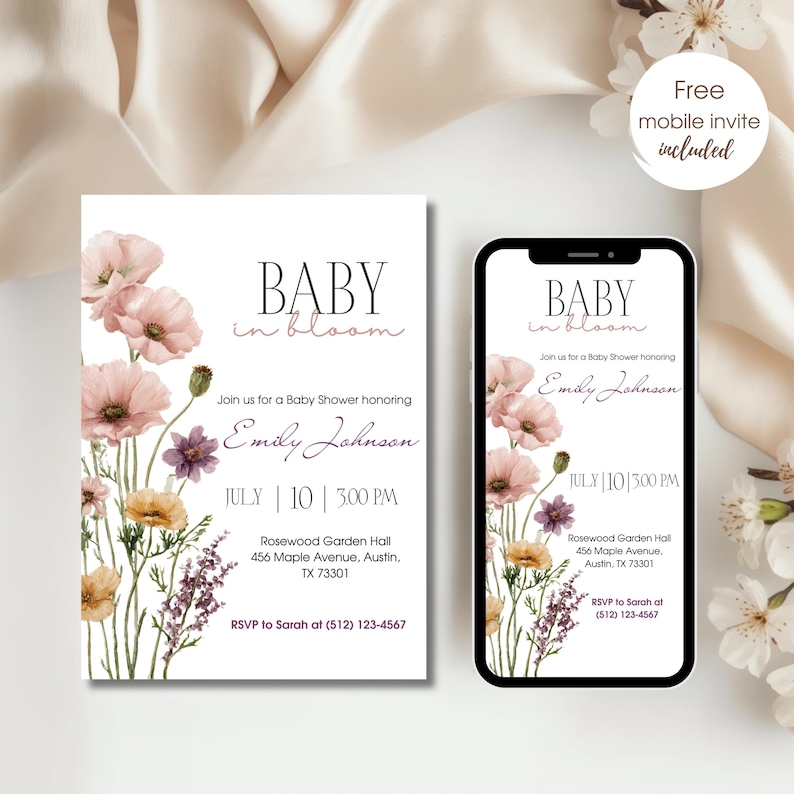 May include: Baby shower invitation featuring floral illustrations and the text "Baby in Bloom." The invitation includes details such as the honoree's name, date, time, and location. A mobile invite is also included.