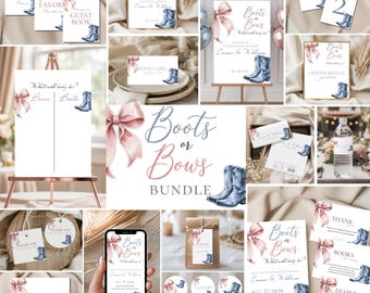 May include: A collection of baby shower decorations with a "Boots or Bows" theme. The set includes signs, cards, and cupcake toppers, all featuring watercolor cowboy boots and pink bows. The color palette is soft, with shades of pink, blue, and white.