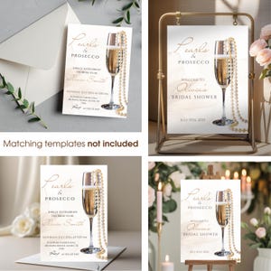 K&ouml;nnte beinhalten: Eine Sammlung von Einladungs- und Schildvorlagen mit dem Thema "Pearls & Prosecco". Jedes Design zeigt ein Champagnerglas mit Perlen und Eventdetails. Die Vorlagen sind f&uuml;r eine Brautparty.