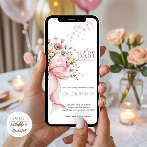 May include: A smartphone displays a baby shower invitation with floral and butterfly graphics. The invitation features the text "BABY in bloom" and details for Emily Johnson's baby shower. The invitation is editable and animated, available in 3 sizes.