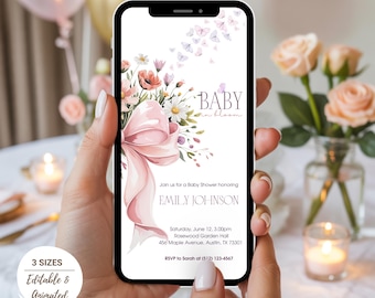 Editable Baby in Bloom Digital Animated Invitation, Girl Baby Shower, Pink Bow Baby in Bloom Invite, Spring Flowers Baby Shower Bundle