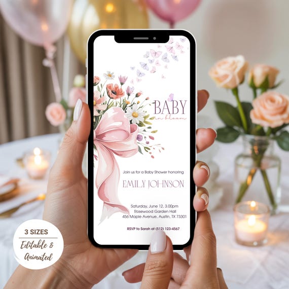 Editable Baby in Bloom Digital Animated Invitation, Girl Baby Shower, Pink Bow Baby in Bloom Invite, Spring Flowers Baby Shower Bundle