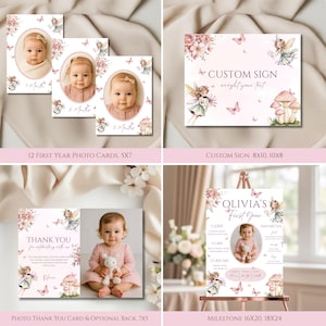 May include: A collection of baby milestone cards, signs, and a thank you card. The cards feature a baby's photo, floral and fairy illustrations, and text. The sign says "Custom Sign" and "Olivia's First Year".