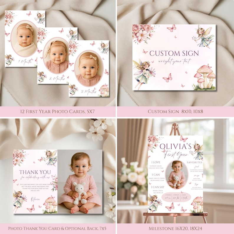 May include: A collection of baby milestone cards, signs, and a thank you card. The cards feature a baby's photo, floral and fairy illustrations, and text. The sign says "Custom Sign" and "Olivia's First Year".