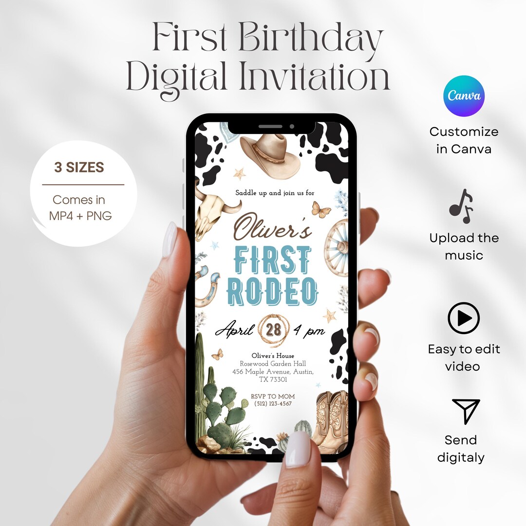 Animated My First Rodeo Birthday Invitation, Cowboy 1st Birthday ...