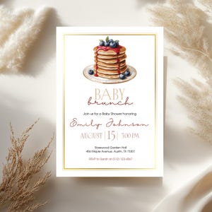 Bearbeitbare Baby Brunch-Einladungsvorlage, Babyparty-Einladung Frühstück Pfannkuchen & Kaffee, neutrales Brunch-Thema, Canva Sofort-Download