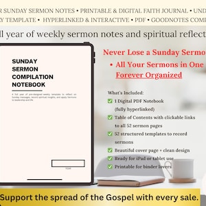 May include: A digital PDF notebook displayed on a tablet, featuring the text "Sunday Sermon Compilation Notebook." The image includes text about weekly sermon notes, a table of contents, and templates. The notebook is designed for iPad or tablet use.