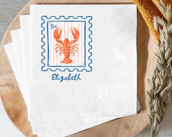 Personalized Lobster Cocktail Napkins, Coastal Wedding Napkins, Nautical Party Napkins, Beach Wedding Bar Napkins,Custom Seafood Party Decor
