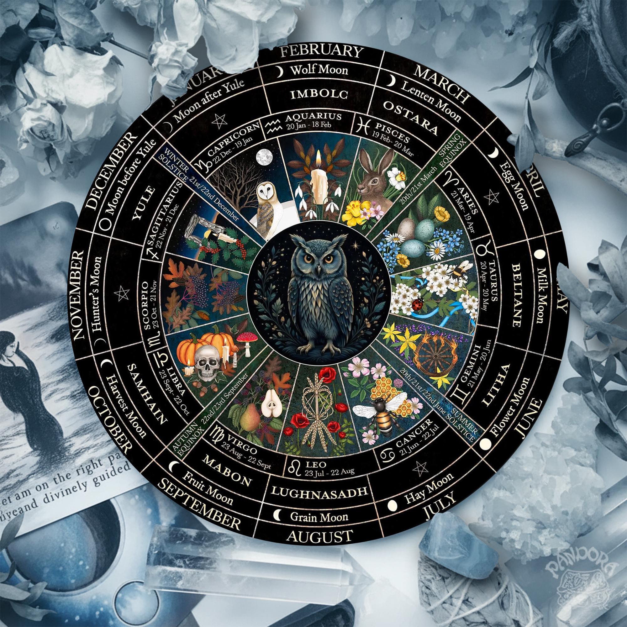 Owl Wheel of the Year Wooden Art, Pagan Altar Piece, Witchcraft Home Accent