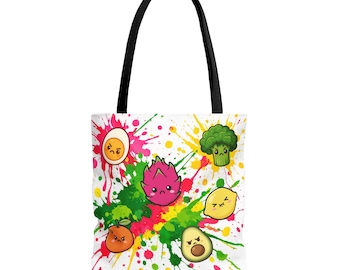 Bolsa de mano blanca con estampado de frutas y verduras enojadas