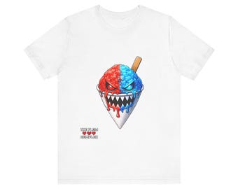 Camiseta de cono de nieve malvado / Ilustración de monstruo de hielo raspado rojo y azul