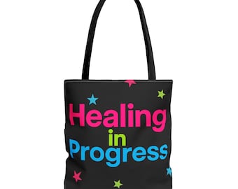 Healing in Progress Tote Bag - BLACK | Colorful Stars All-Over Print