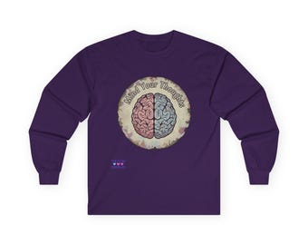Mind Your Thoughts Long Sleeve Tee | Split Brain Illustration, Retro Circle Design