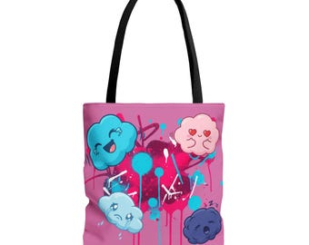Kawaii Cloud Faces Tote Bag | Pink Graffiti Cute Cartoon Print