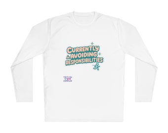 Camiseta de manga larga con texto divertido que dice "Evitando responsabilidades actualmente"