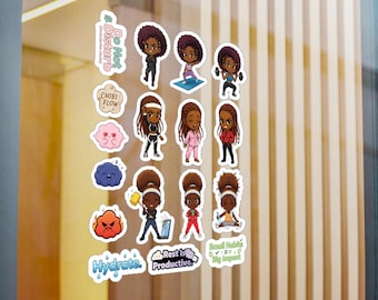 Self-Care Afro Chibi Character Kiss-Cut Vinyl Decals | Hydrate Rest Is Productive