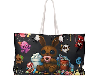 Candy Horror Illustration Weekender Bag | Cute Creepy Bunny & Gummy Bears