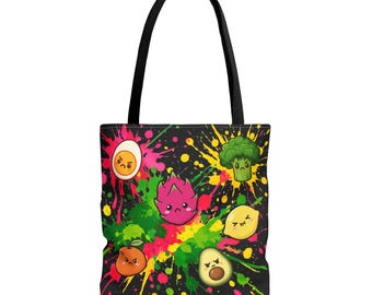 Bolsa de mano negra con estampado de frutas y verduras enojadas