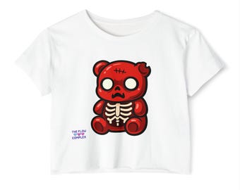 Red Skeleton Teddy Bear Crop Top | Cute Spooky Halloween Graphic