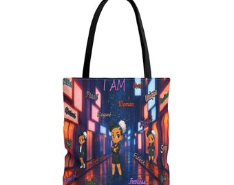 I AM Feminist Words Character Tote Bag | Empowerment Illustration, All-Over Print