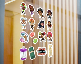 Hoja de calcomanías de vinilo troquelado para chicas fitness, personajes de entrenamiento, botella de agua, cuerda para saltar