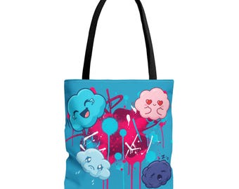 Kawaii Cloud Faces Tote Bag | Blue Graffiti Cute Cartoon Print