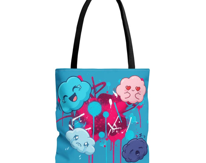 Featured listing image: Kawaii Cloud Faces Tote Bag | Blue Graffiti Cute Cartoon Print