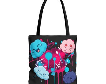 Kawaii Cloud Faces Tote Bag | Black Graffiti Cute Cartoon Print