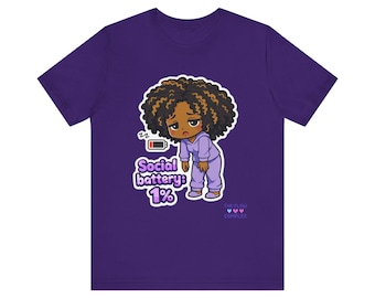 Maglietta con personaggio assonnato Social Battery 1% / Maglietta con cartone animato per introversi