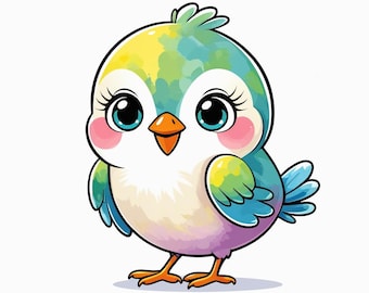 Kawaii Whimsical Bird Clipart Funny Cute Birds with Watercolor Effect, Totes, Mugs, Sublimation & Crafts Bundle