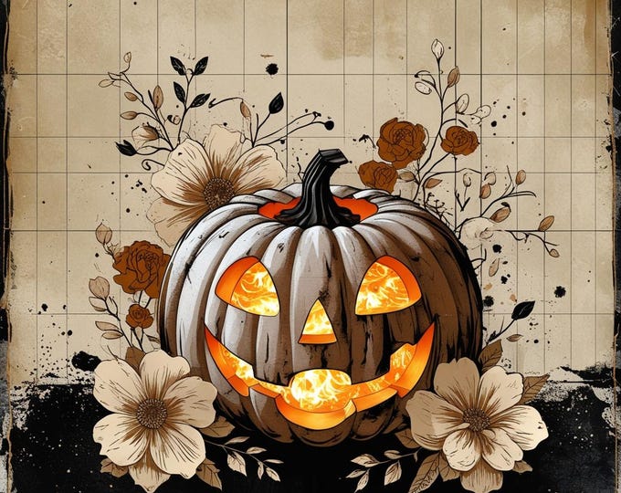 Grunge Halloween Pumpkin Sublimation Vintage Jack-O’-Lantern with Daisies & Checkerboard Background