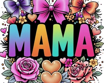 Rainbow MAMA Letters PNG: Gold Crown, Roses, Leopard Hearts (Digital Download)