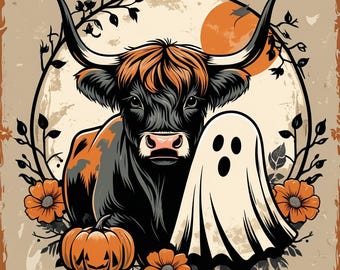 Rustic Highland Cow & Ghost Halloween Sublimation Boho Farmhouse Fall Floral