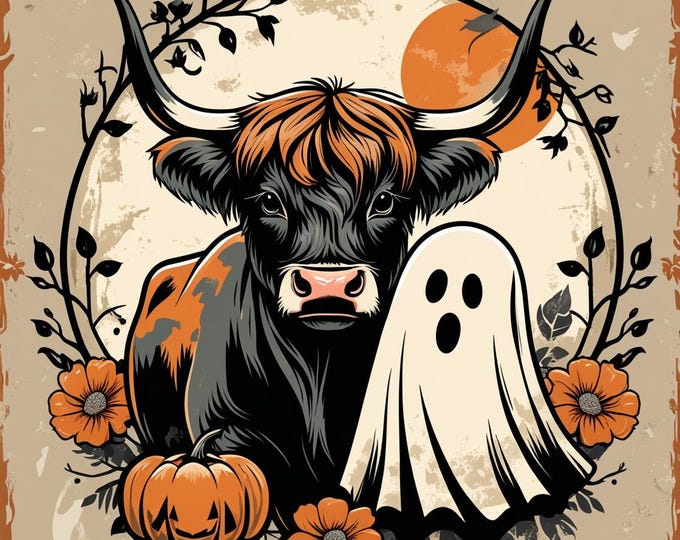 Rustic Highland Cow & Ghost Halloween Sublimation Boho Farmhouse Fall Floral