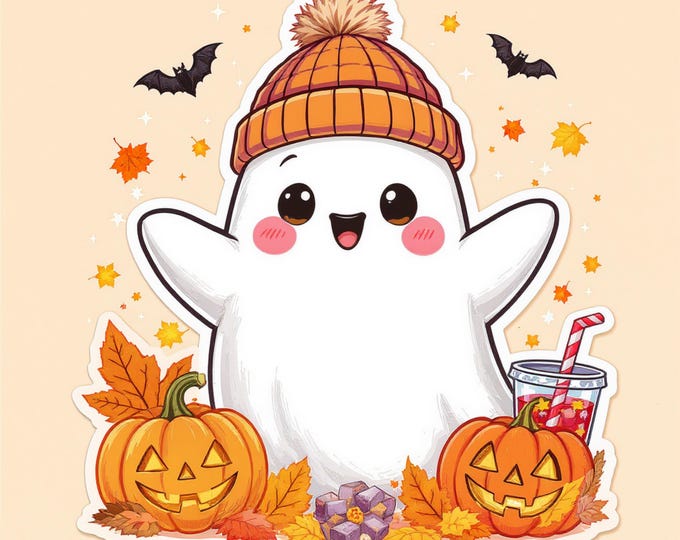 Kawaii Halloween Ghost PNG: Pumpkin, Bubble Tea & Bats (Digital Download)
