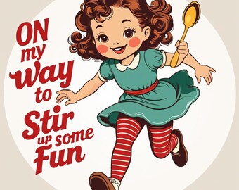 Retro Girl Clipart: Funny Vintage Character with Spoon (JPG Digital Download