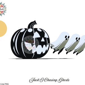 May include: A black and white Halloween digital graphic featuring a carved pumpkin with three white ghosts chasing after it. The image includes the text "Jack O' Chasing Ghosts" and "Unique Digital Cliparts".