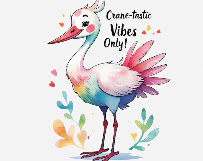 Whimsical Crane Watercolor Clipart: Funny Quote, Crane-tastic Vibes (JPG Digital Download)